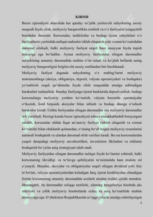 kurs ishi MOLIYAVIY FAOLIYAT BO'YICHA OLINGAN DAROMADLAR 2