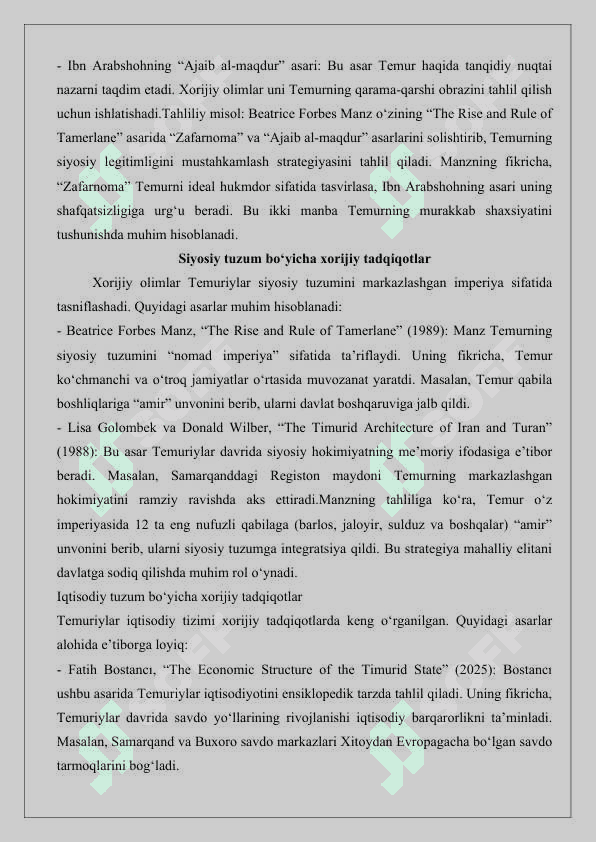 Xorijiy tadqiqotlarda temuriylar siyosiy-iqtisodiy tarixining aks etishi mavzusiga oid manbalar tahlili va adabiyotlar sharhini tayyorlash 25 3