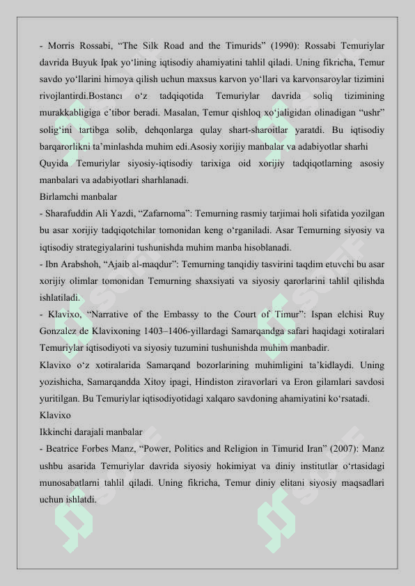 Xorijiy tadqiqotlarda temuriylar siyosiy-iqtisodiy tarixining aks etishi mavzusiga oid manbalar tahlili va adabiyotlar sharhini tayyorlash 25 4