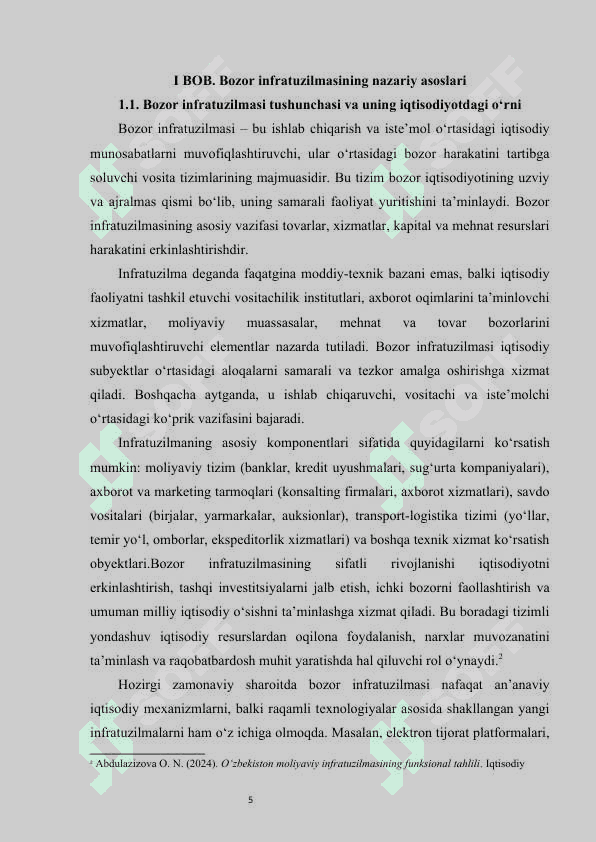 Bozor infratuzilmasi: uning asosiy sohalari va unsurlari KURS ISHI 5
