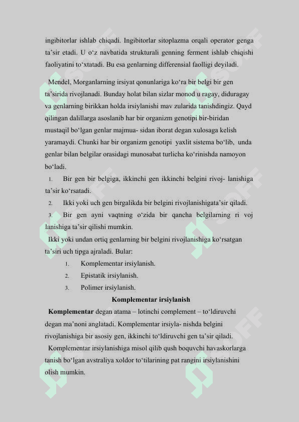 Allel va noallel genlar va ularning oʻzaro taʻsirida belgilarning irsiylanishi. irsiylanishi Reja: Genlarning-komplementar ta`siri 8