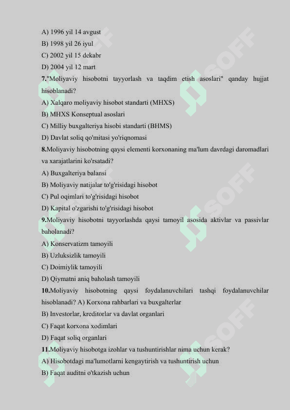 Moliya fanidan 30 talik test javoblari bilan 2