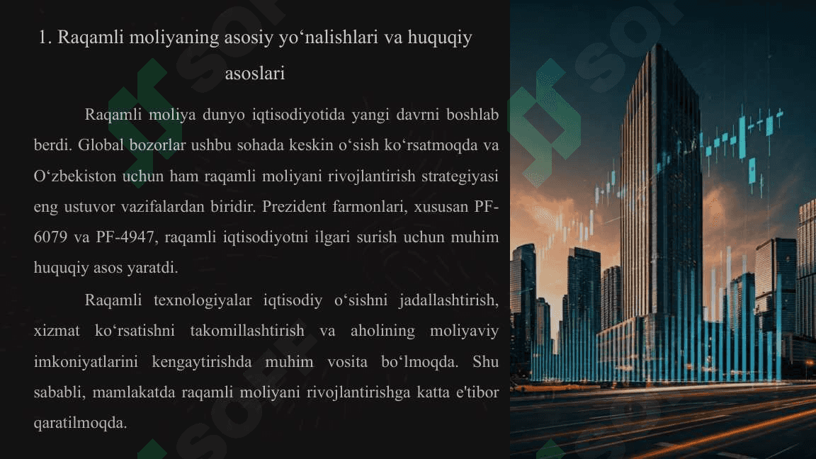 O‘zbekistonda raqamli moliyani rivojlantirish va kripto-birjalar faoliyatini tashkil etish masalalari haqida 13 betdan iborat taqdimot yoki prezentatsiya 2