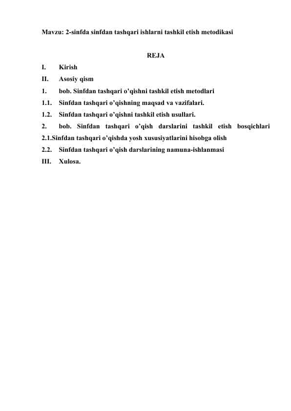 2-sinfda sinfdan tashqari ishlarni tashkil etish metodikasi