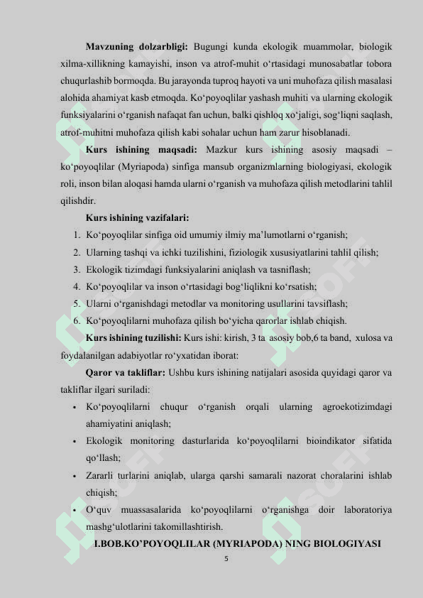 KO’POYOQLILAR (MYRIAPODA) BIOLOGIYASI VA EKOLOGIYASI 5