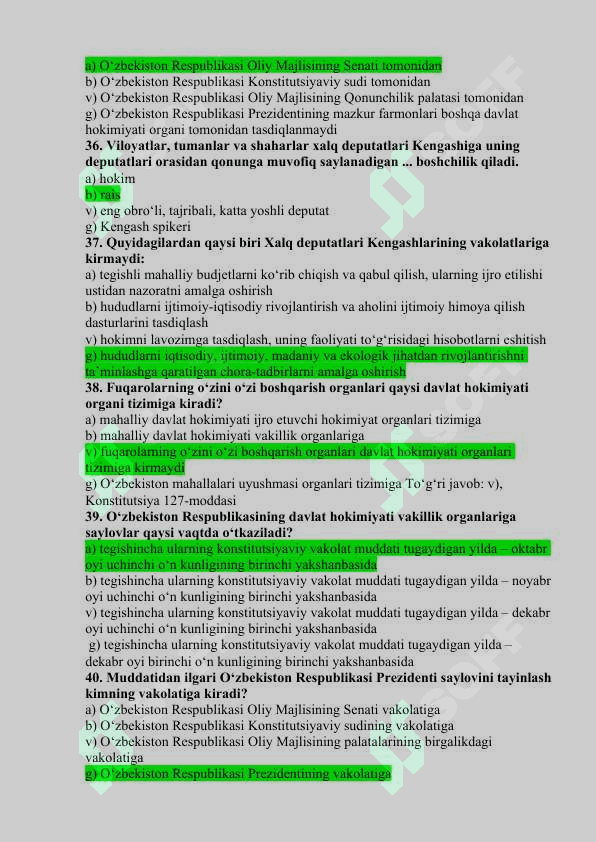 Yangi tahrirdagi Konstitutsiyaning mazmun-mohiyatini ochib beruvchi test savollari 7