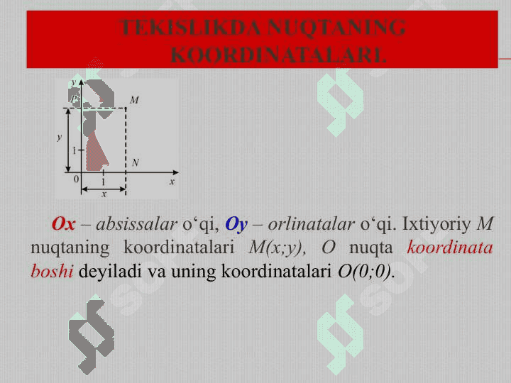 Tekislikda koordinatalar sistemasi. Ikki toʻgʻri chiziq orasidagi burchak. Toʻgʻri  chiziqning parallellik va perpendikulyarlik alomatlari. Nuqtadan toʻgʻri chiziqgacha masofa. 2