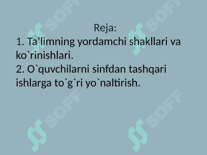 Bo`lajak  o`qituvchilarni sinfdan tashqari ishlarni tashkil etishga tayyorlash. 2