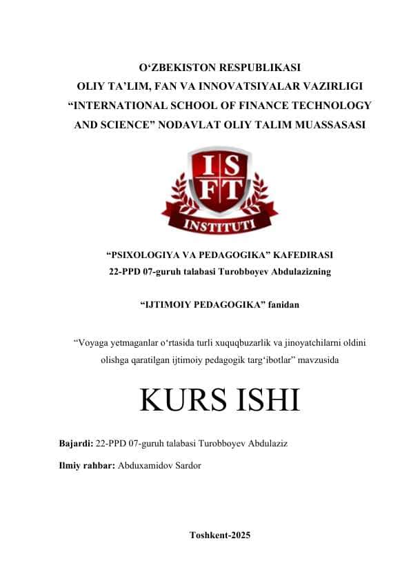 Voyaga yetmaganlar oʻrtasida turli xuquqbuzarlik va jinoyatchilarni oldini olishga qaratilgan ijtimoiy pedagogik targʻibotlar 1