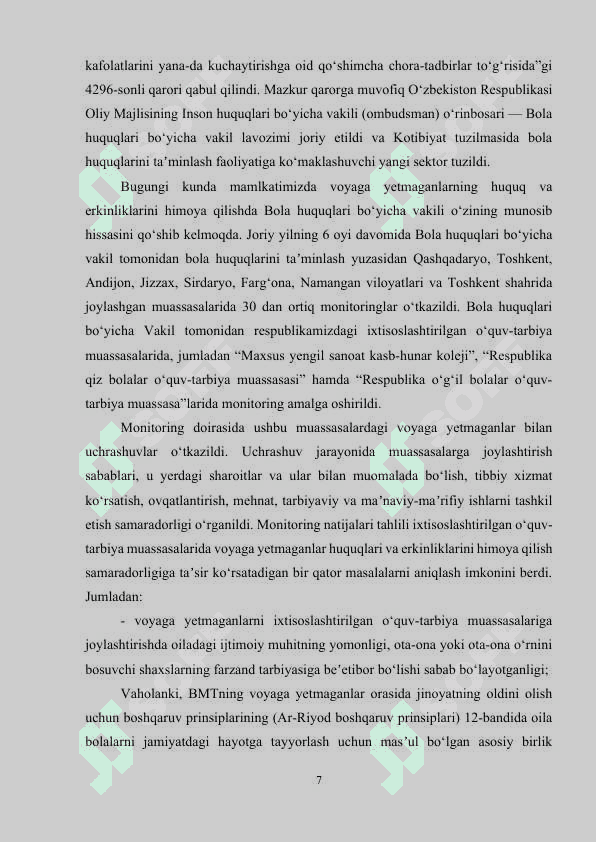 Voyaga yetmaganlar oʻrtasida turli xuquqbuzarlik va jinoyatchilarni oldini olishga qaratilgan ijtimoiy pedagogik targʻibotlar 7