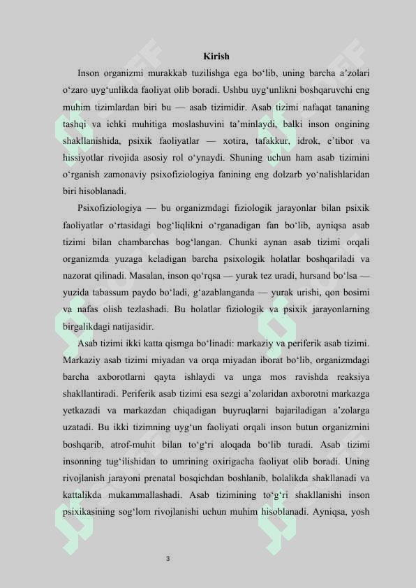 Asab tizimi haqida umumiy tushuncha va uning tuzilishi psixafiziologiyasi  mustaqil ish 3