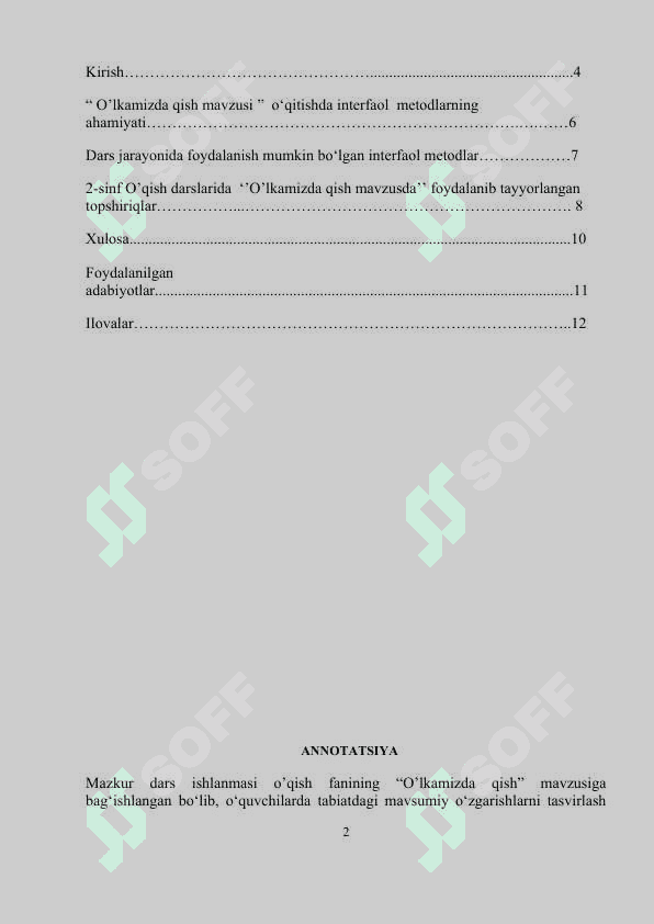 "O'lkamizda qish" dars ishlanmasi (mikrodars) 2