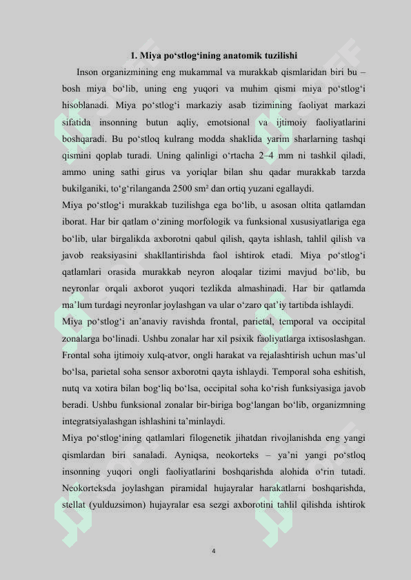 Miya po‘stlog‘i va qatlamlari  tuzilishi va funksional roli psixafizalogiyasi  mustaqil ish 4