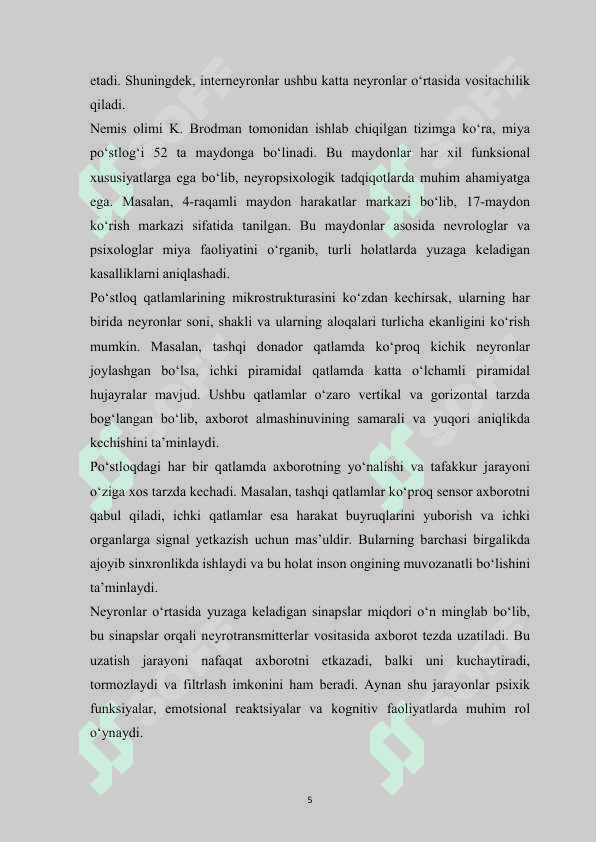 Miya po‘stlog‘i va qatlamlari  tuzilishi va funksional roli psixafizalogiyasi  mustaqil ish 5