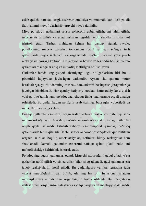 Miya po‘stlog‘i va qatlamlari  tuzilishi va funksional roli psixafizalogiyasi  mustaqil ish 7