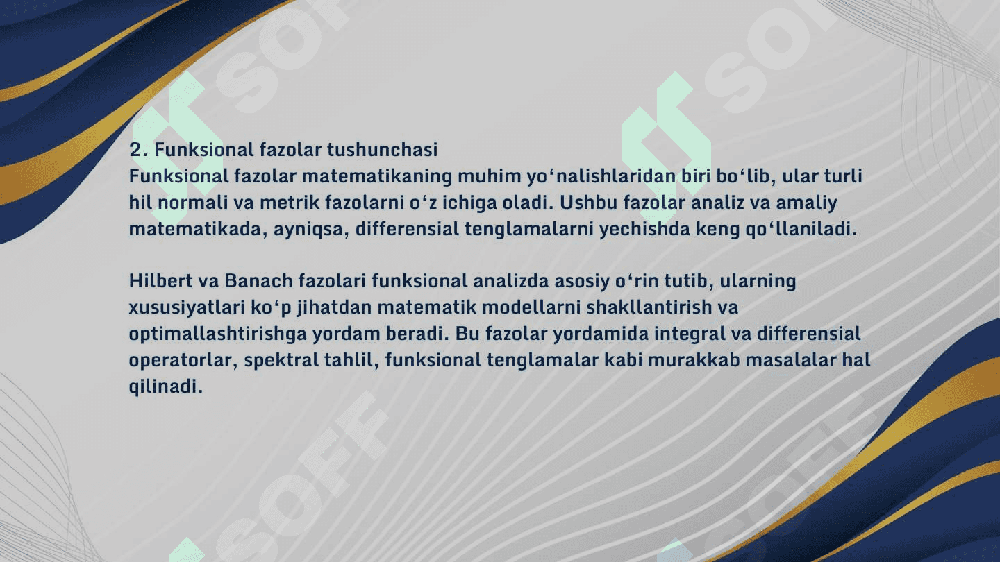 FUNKSIONAL FAZOLAR VA
ULARNING BAZISLARI, NOCHIZIQLI
ZANJIRLARDA TEBRANISHLARNI
SPANALIZ QILISH USULLARINI
O'RGANISH 6