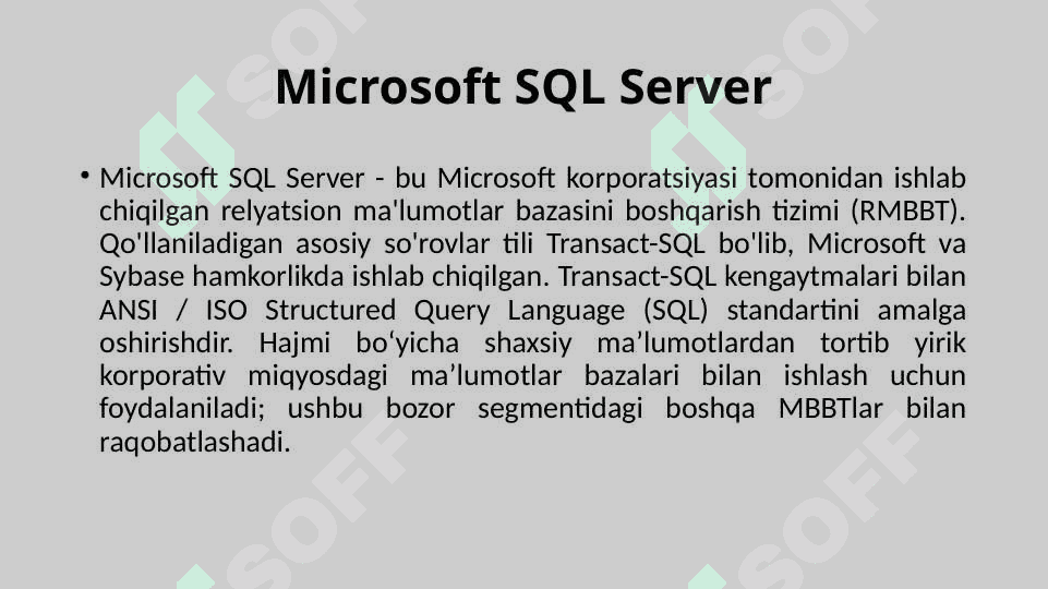 Zamonaviy ma`lumotlar bazasini boshqarish tizimlari  MS SQL SERVER 3