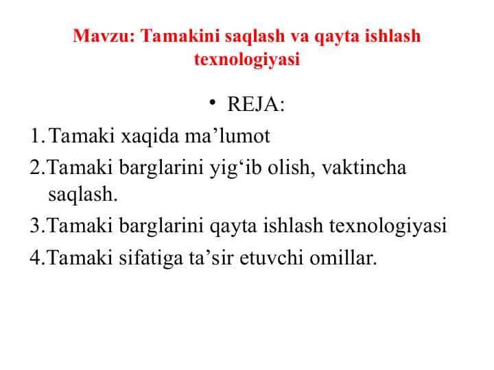 Tamakini saqlash va qayta ishlash texnologiyasi
