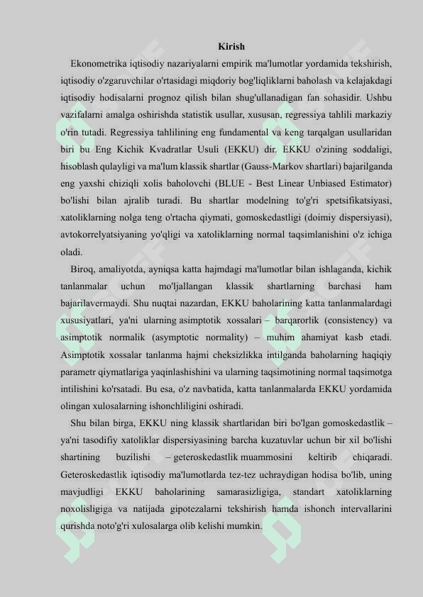 Eng kichik kvadratlar usuli asimptotasi va geteroskedastlik 2