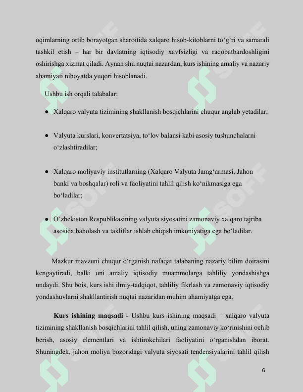 MAVZU: XALQARO VALYUTA TIZIMINING SHAKILLANISHI      kurs ishi 6