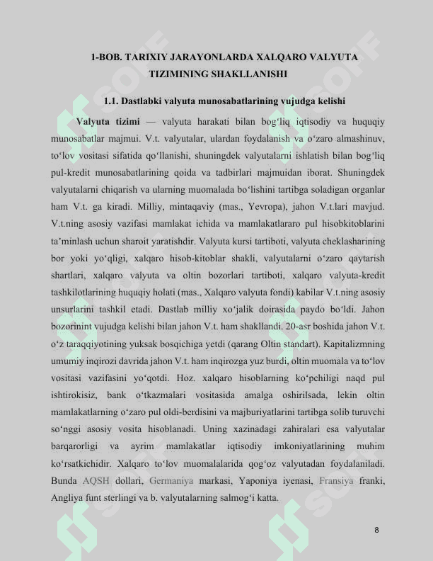MAVZU: XALQARO VALYUTA TIZIMINING SHAKILLANISHI      kurs ishi 8