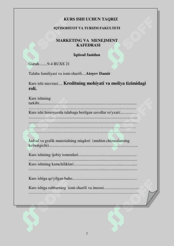Kreditning mohiyati va moliya tizimidagi roli. kurs ishi 2