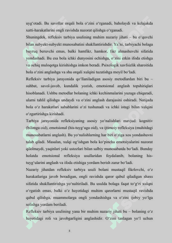 Refleksiv tarbiya usuli va uni xulq ogʻishishini toʻgʻirlashda qoʻllash mustaqil ish 5