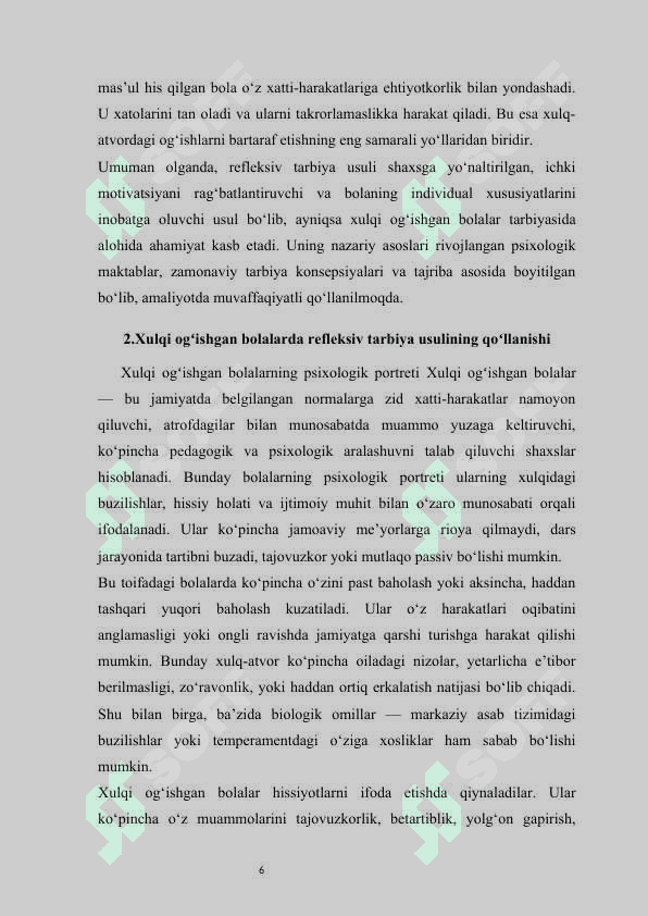 Refleksiv tarbiya usuli va uni xulq ogʻishishini toʻgʻirlashda qoʻllash mustaqil ish 6