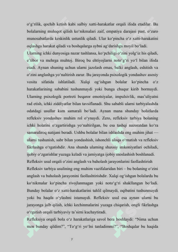 Refleksiv tarbiya usuli va uni xulq ogʻishishini toʻgʻirlashda qoʻllash mustaqil ish 7