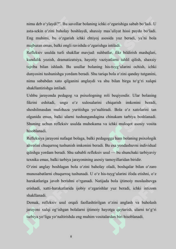 Refleksiv tarbiya usuli va uni xulq ogʻishishini toʻgʻirlashda qoʻllash mustaqil ish 8