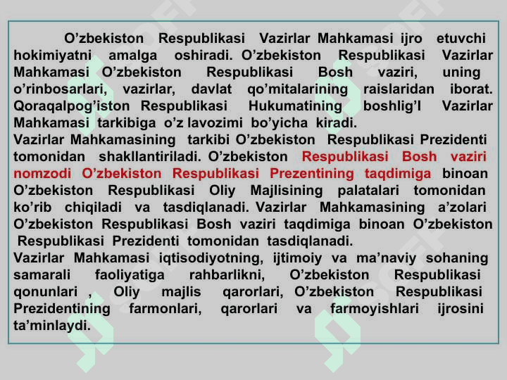 O’ZBEKISTON RESPUBLIKASI VAZIRLAR MAHKAMASI VA BOSHQA IJROIYA HOKIMIYAT ORGANLARI 8