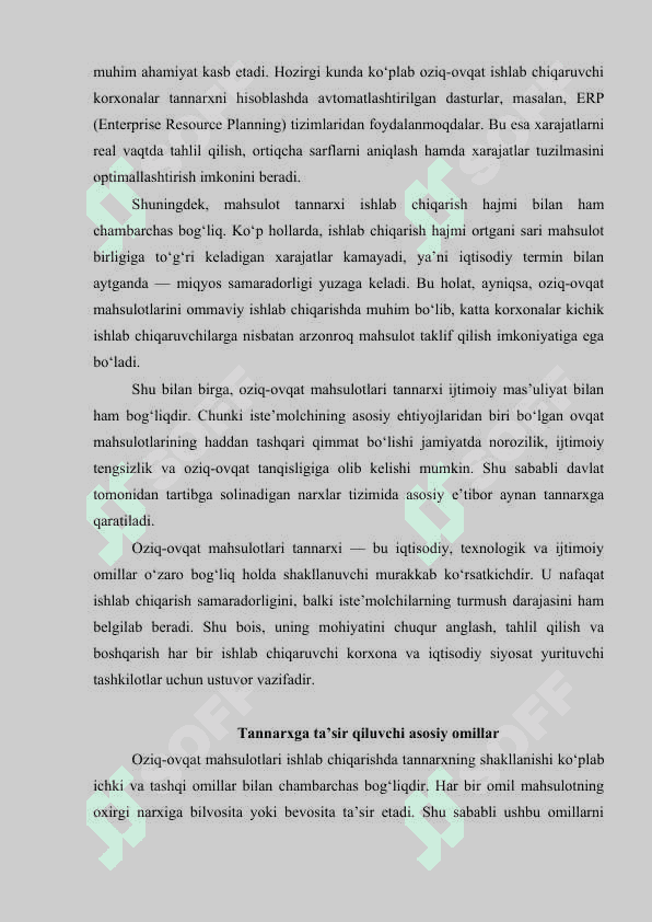 Oziq ovqat mahsulotlari tannarxiga taʼsir qiluvchi omillar 5