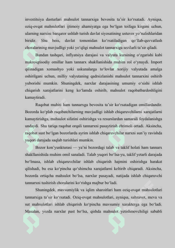 Oziq ovqat mahsulotlari tannarxiga taʼsir qiluvchi omillar 8