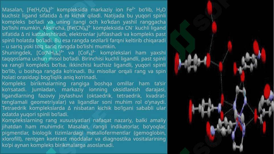 Kompleks birikmalarning rangi. Past spinli va yuqori spinli komplekslar.Misollar asosida tushuntiring. t.pptx 4