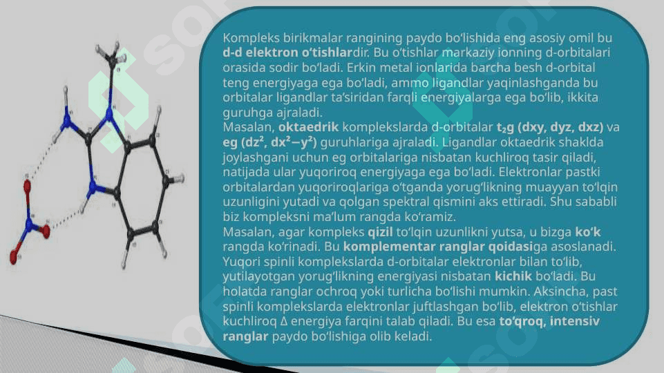 Kompleks birikmalarning rangi. Past spinli va yuqori spinli komplekslar.Misollar asosida tushuntiring. t.pptx 5