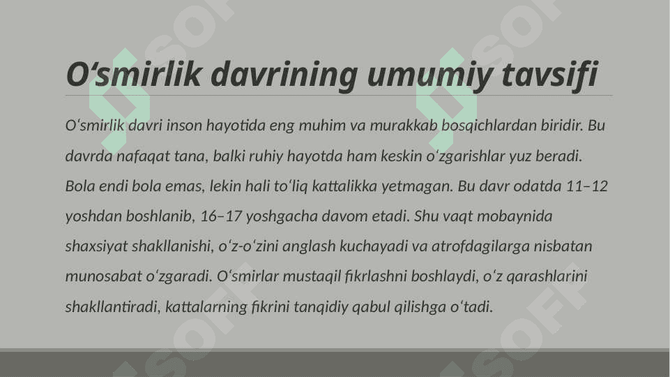 O'smirlik davrida psixik rivojlanish xususiyati mavzusida slayd 3