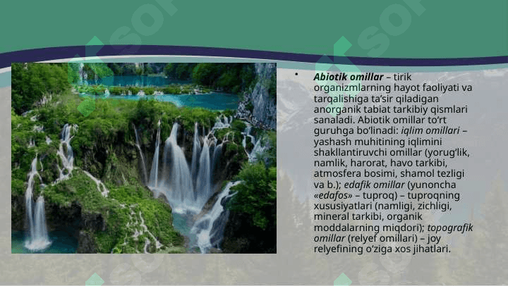 Ijtimoiylashuv omillari va vositalari. Tirik organizmlarning yashash muhiti uning tirik  va  anorganik tarkibiy qismlari hisoblanadigan ekologik omillar bilan tavsiflanadi. 4