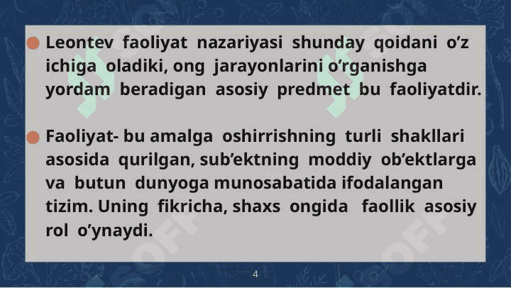 FAOLIYAT NAZARIYASI UZNADZE TAʼLIMOTI. A.N Leontevning qarashlari 4