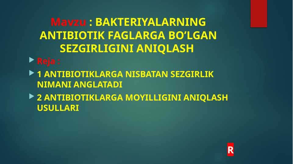 Bakteriyalarning antibiotik faglarga bo'lgan sezgirligini aniqlash. 1