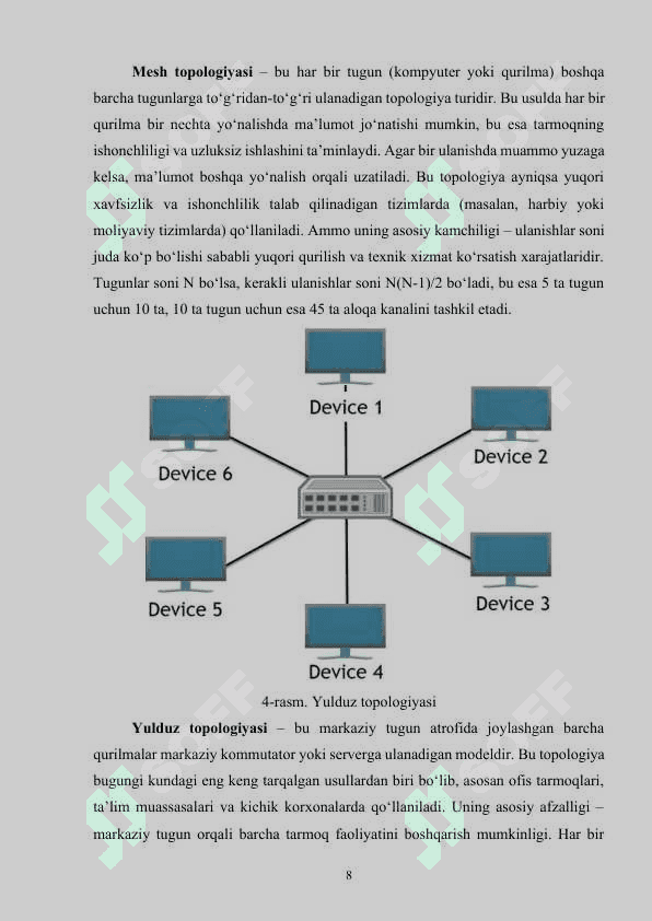 Tarmoq topologiyalari: mesh, yulduz, daraxt, shina, halqa. 8