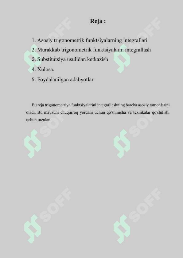 Trgonametirik funksiyalarni Integrallash 2