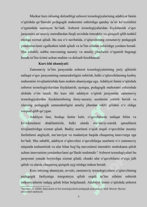 Adabiyot fanini oʻqitishda axborot texnologiyalaridan foydalanish pedagogik mahoratni oshirish omili 7