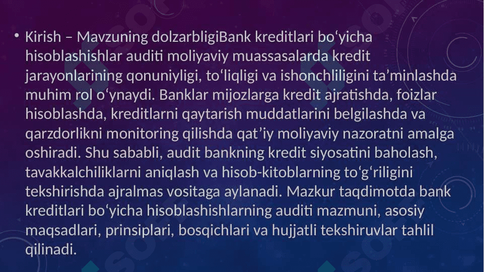 Bank kreditlari böyicha hisoblashishlar auditi 2