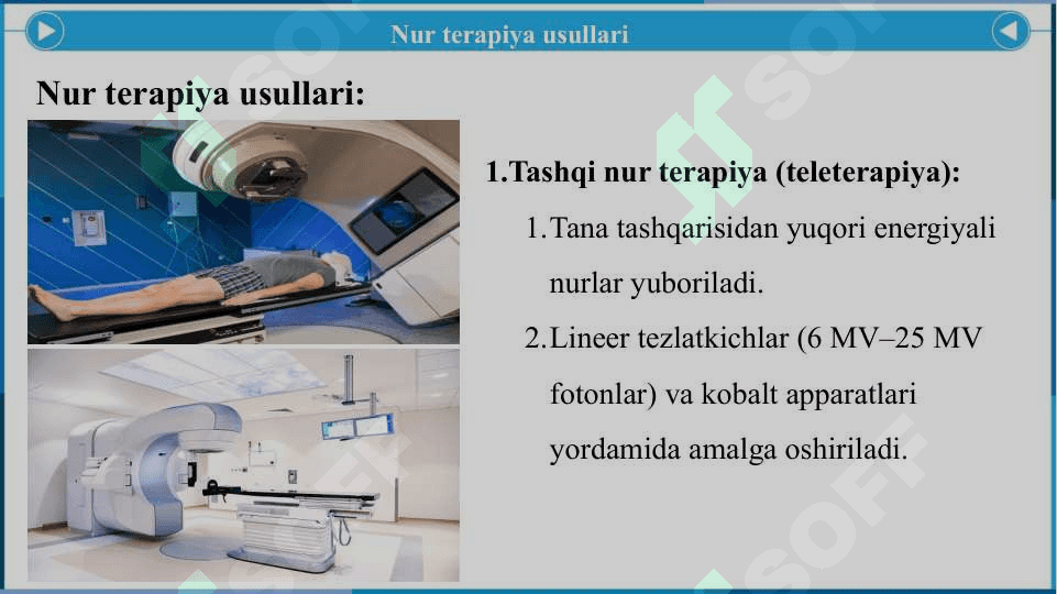 Nur terapiya usullari. Radiatson terapevtik texnika. Nur terapiyasi biologik asoslari - Нур терапия усуллари. Радиатсон терапевтик техника. Нур терапияси биологик асослари 4