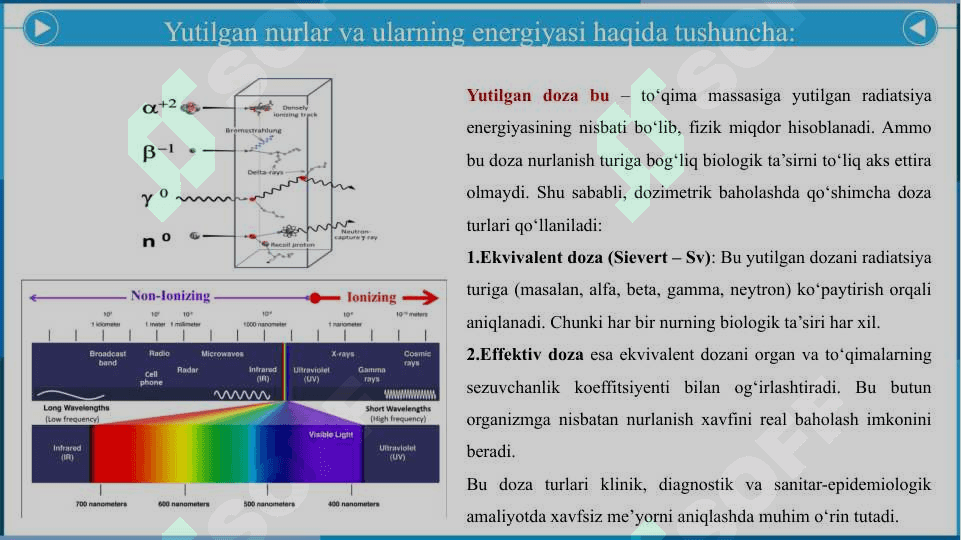 Yutilgan nurlar energiyasini dozimetrik baholash. Turli nurlarni odam tanasida taqsimlanishi. - Ютилган нурлар энергиясини дозиметрик баҳолаш. Турли нурларни одам танасида тақсимланиши. 4