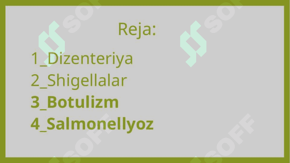 Ichak infeksiyalari Dizenteriya.Salmonellyoz. Botulizm ovqat toksikoinfeksiyasi. Kasalliklar haqida tushuncha. - Ичак инфекциялари Дизентерия.Салмонеллёз. Ботулизм овқат токсикоинфекцияси. Касалликлар ҳақида тушунча. 2