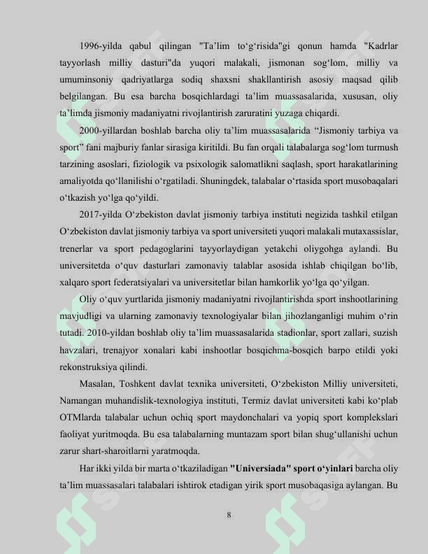 O‘zbekiston Respublikasi mustaqillik davrida jismoniy tarbiyaning rivojlanishi 8
