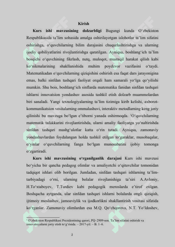 Boshlang‘ich sinflarda matematikadan sinfdan tashqari ishlarni tashkil etishga innovatsion yondashuv kurs ishi 2