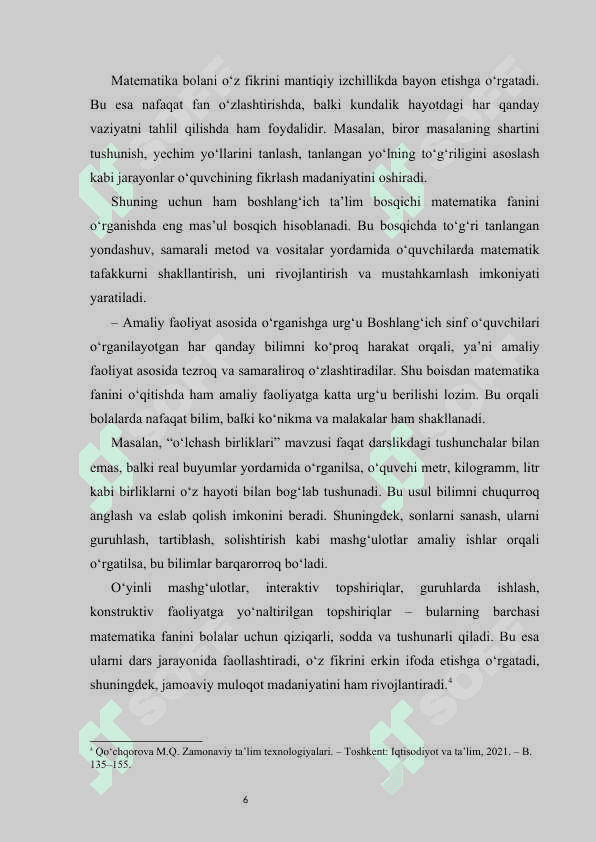Boshlang‘ich sinflarda matematikadan sinfdan tashqari ishlarni tashkil etishga innovatsion yondashuv kurs ishi 6