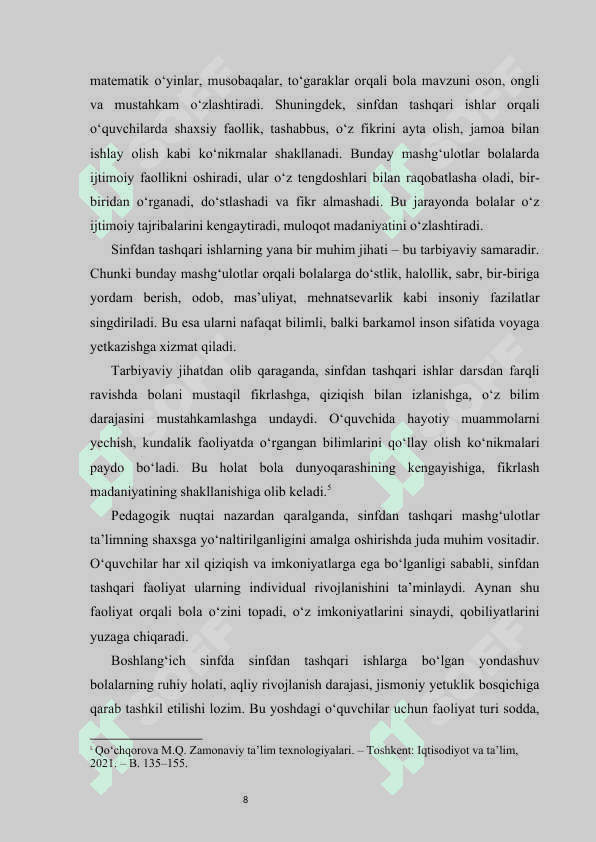 Boshlang‘ich sinflarda matematikadan sinfdan tashqari ishlarni tashkil etishga innovatsion yondashuv kurs ishi 8